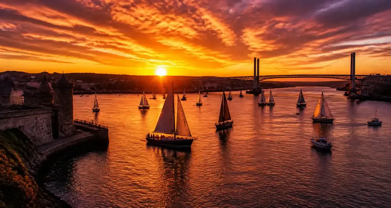 Rade de Brest au coucher du soleil, voiliers au mouillage