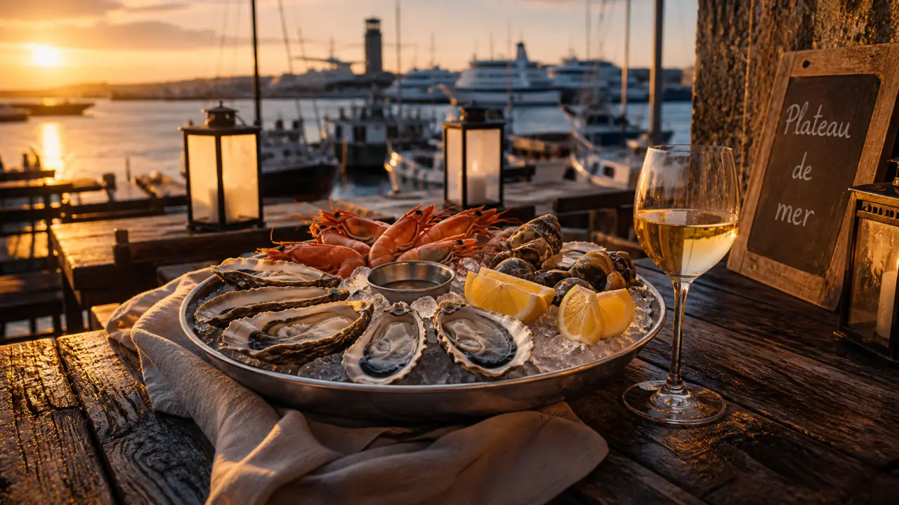 Plateau de fruits de mer devant les restaurants port de Brest au port de Brest