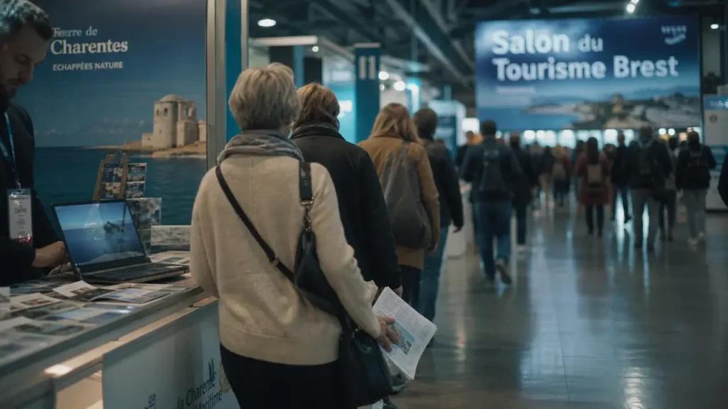 Salon du tourisme brest : visiteurs devant un stand en hall
