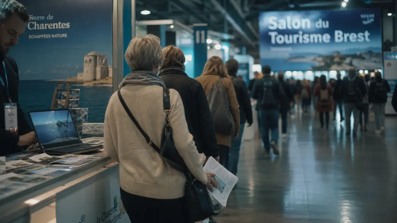 Salon du tourisme brest : visiteurs devant un stand en hall