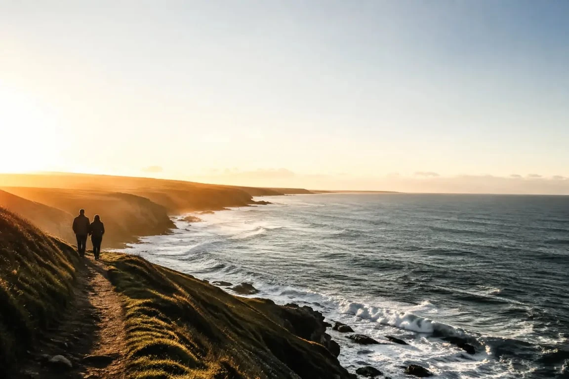 Week end en amoureux bretagne sur un sentier côtier avec coucher de soleil et vue mer