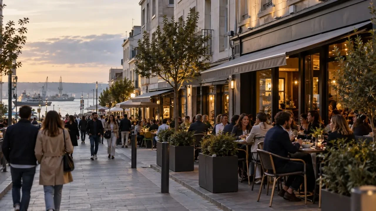 Restaurants Brest centre dans une rue animée à l'heure du dîner
