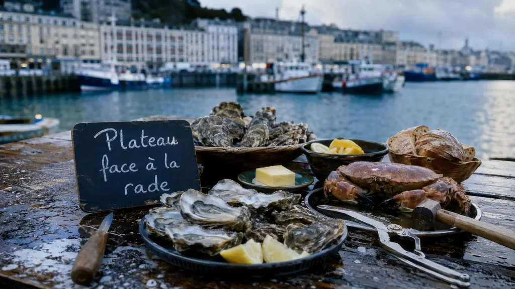 Restaurants fruits de mer Brest : plateau d’huîtres sur le quai face à la rade