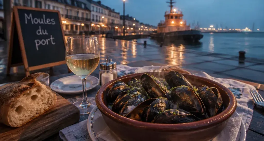 Restaurants quai de la douane Brest : bol de moules marinières sur terrasse face à la rade