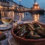 Restaurants quai de la douane Brest : bol de moules marinières sur terrasse face à la rade