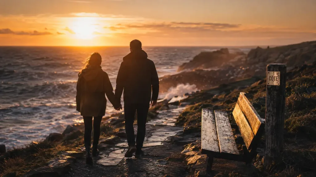 Week end en amoureux Bretagne : couple au bord de la mer d’Iroise au coucher du soleil