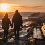 Week end en amoureux Bretagne : couple au bord de la mer d’Iroise au coucher du soleil