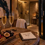 Love room brest : jacuzzi privatif, champagne et table dans un studio